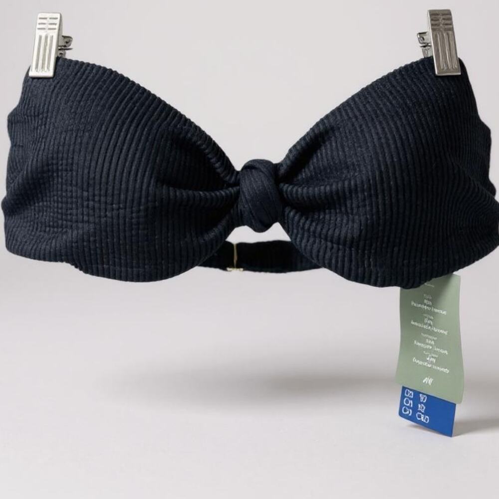 NWT H&M Black Textured Tie Knot Bandeau Bikini Top Size 10